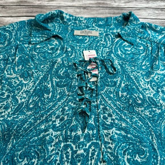 Women's Lucy Love Lace Up Casanova Blouse Tunic Teal Paisley L NWT - Picture 4 of 15